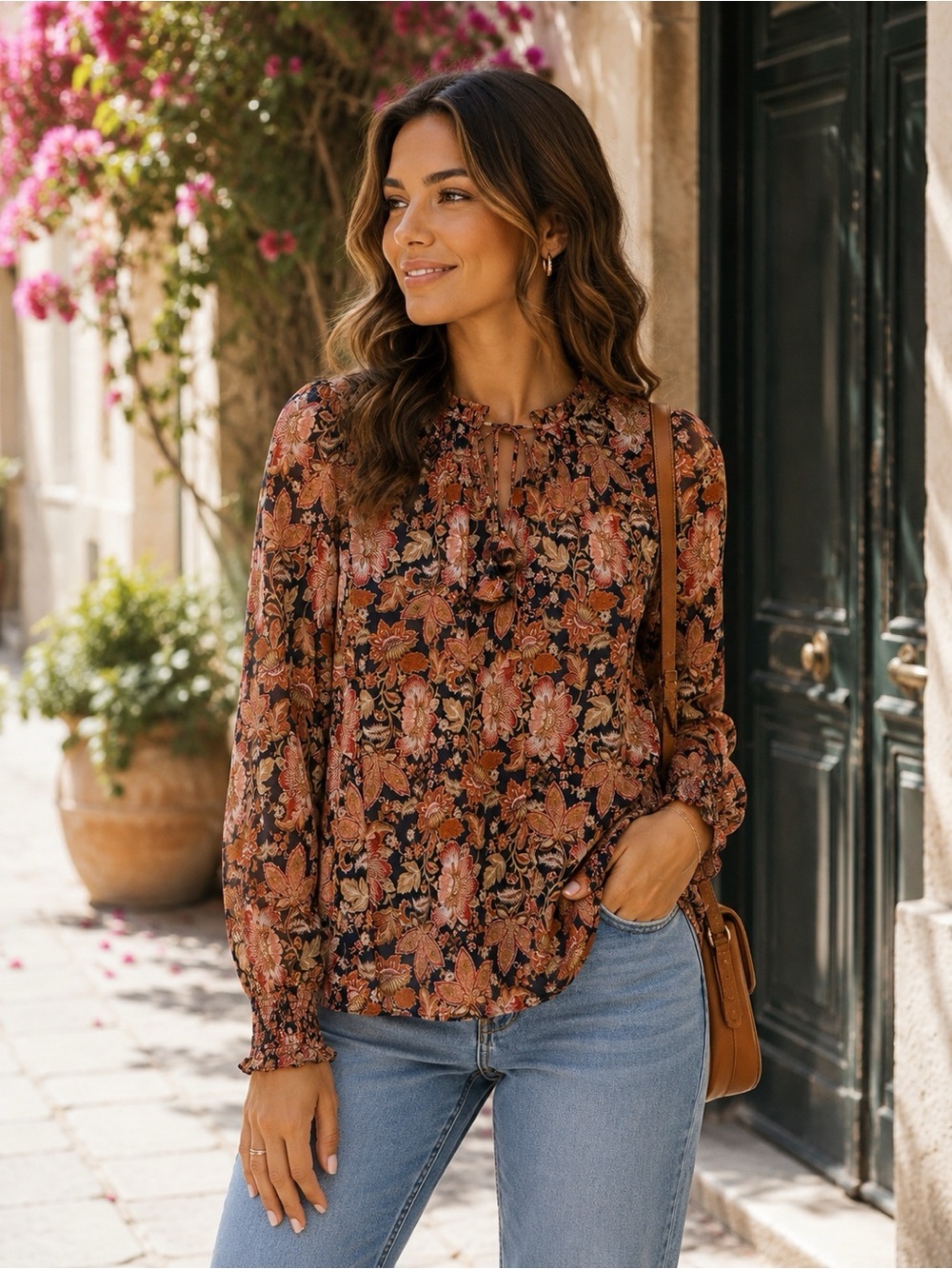 CeCe Floral Tie-Neck Long Sleeve Blouse - Navy & Rust